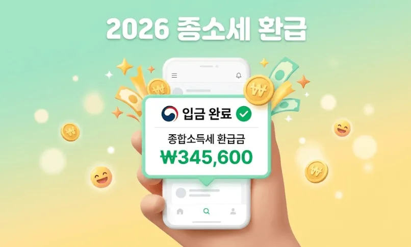 종합소득세 환급일: 스마트폰 화면에 국세청 마크와 함께 '입금 완료' 및 '종합소득세 환급금' 알림창이 떠오른 모습입니다. 상단에 '2026 종소세 환급' 텍스트가 있으며, 주변으로 3D 금화와 지폐가 터지듯 흩날려 환급의 기쁨을 표현합니다. 2026년 종합소득세 환급일과 홈택스 환급금 조회 결과를 직관적으로 보여주는 밝은 민트색 배경의 3D 일러스트입니다.
