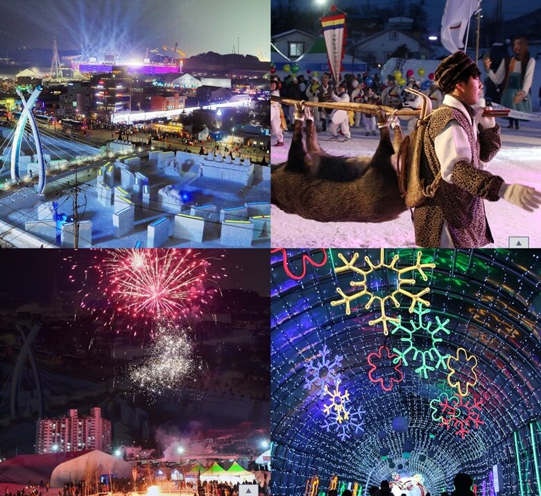 상단좌/우측사진은 대관령 눈꽃축제장과 주변 도시가 한눈에 내려다 보이는 야경 사진과 두사람이 멧돼지를 나무에 매달아서 네발을 줄로 묶어서 어깨에 매고 걸어가고 있는 모습이며, 하단좌/우측사진은 축제장 밤하늘에 폭축이 아름답게 터지고 있는 모습과 야경을 배경으로 터널 모양의 장소에 눈의 결정체 모양을 한 장식품들이 천장에 매달려서 다양한 색깔로 빛나고 있고 그 아래를 사람들이 지나가고 있는 모습