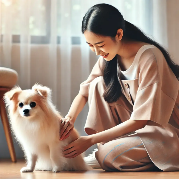 강아지의 뒷다리를 걱정스럽게 살펴보는 젊은 동양 여성