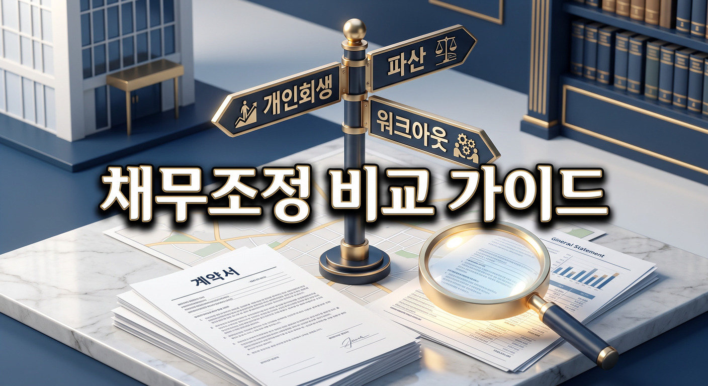 개인회생, 파산, 워크아웃 등 다양한 길을 가리키는 이정표와 재무 문서 위로 빛나는 돋보기가 있는 3D 일러스트 배경에, 짙은 그림자와 외곽선으로 선명하게 강조된 '채무조정 비교 가이드'라는 한글 문구가 중앙에 적힌 이미지
