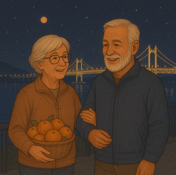 밤하늘과 은은한 광안대교 조명을 배경으로 노부부가 다정하게 야간 산책을 즐기는 모습