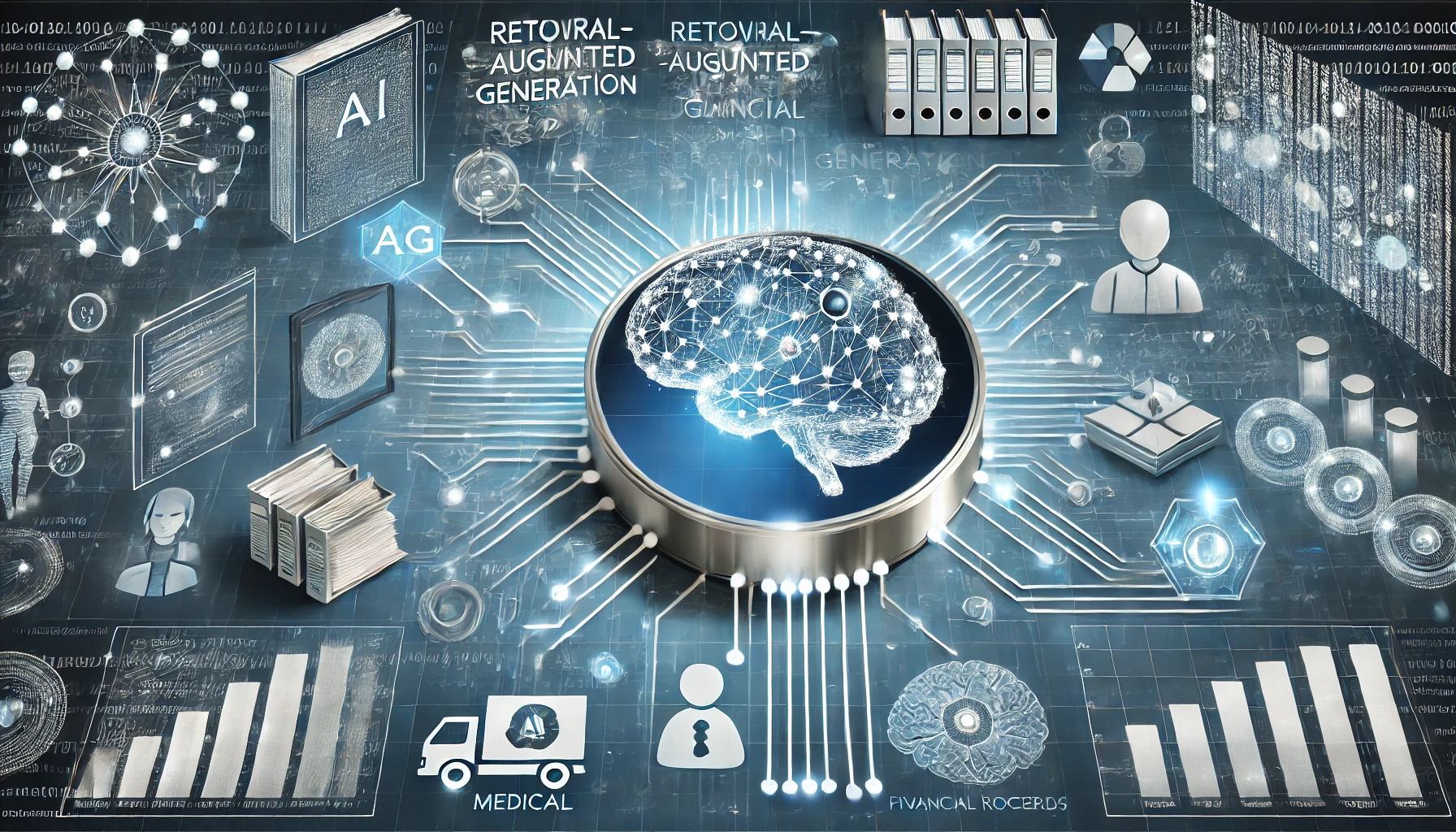 RAG 기술을 활용해 다양한 데이터 소스(의료, 금융, 법률)를 연결하며 성능을 극대화하는 AI 모델의 미래지향적 일러스트레이션