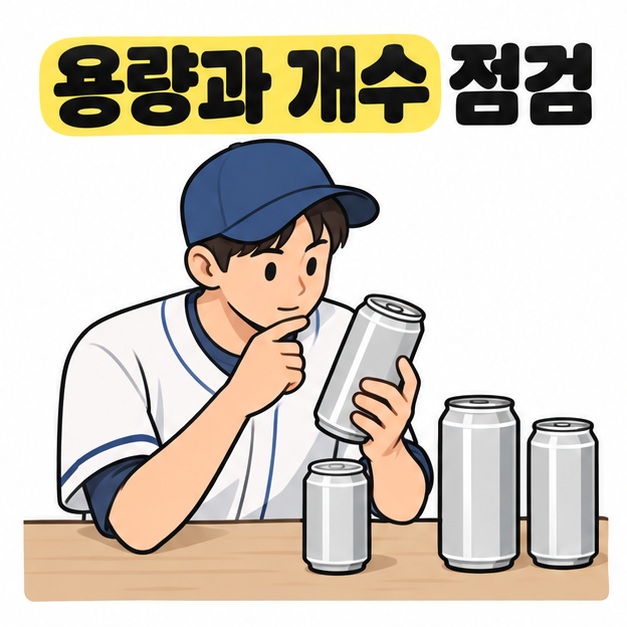 용량과 개수 점검 문구 아래에서 관람객이 크기가 다른 캔들을 앞에 두고 하나를 살펴보는 모습