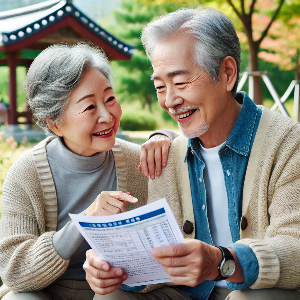 노령연금 - 공원에서 연금 서류를 논의하는 노부부의 모습