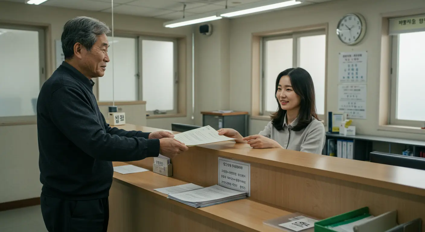 주민센터에 서류를 제출하는 노인