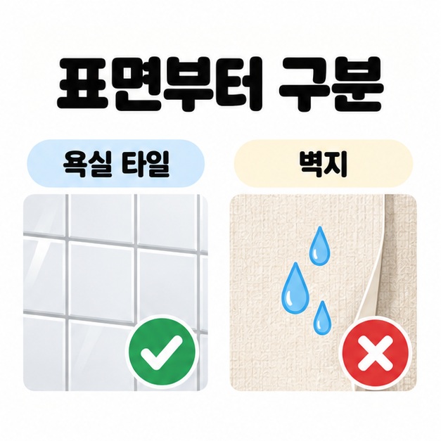 욕실 타일의 초록 체크 표시와 물방울이 있는 벽지의 빨간 엑스 표시로 청소할 표면을 비교한 그림