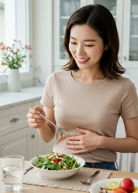 루피니빈 요리를 맛보는 여성