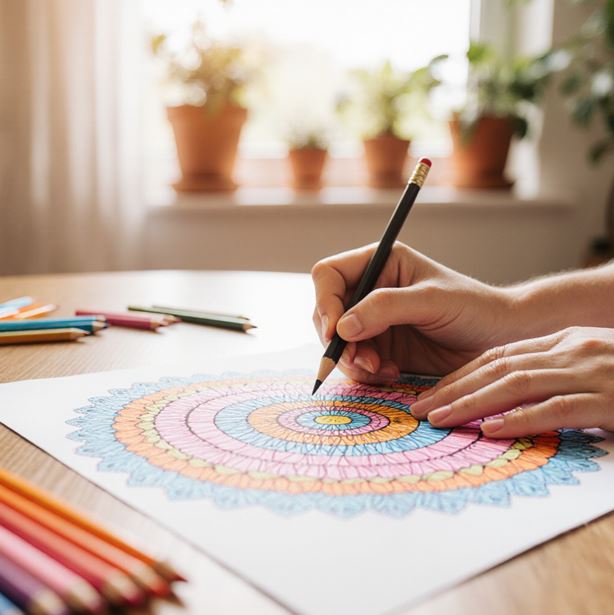 한 사람의 손이 색연필을 잡고 만다라의 일부를 섬세하게 색칠하고 있는 모습