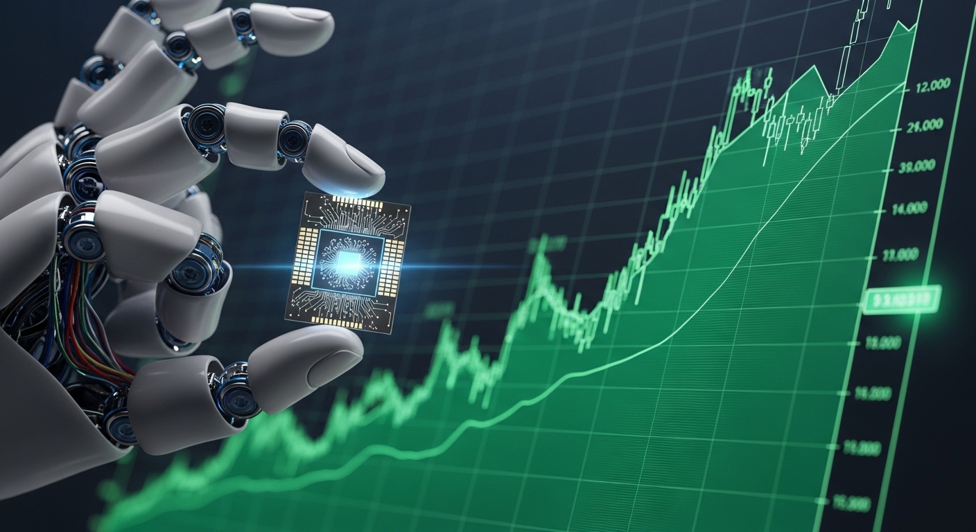 A robot hand holding a security chip, with a rising stock chart graph in the background.