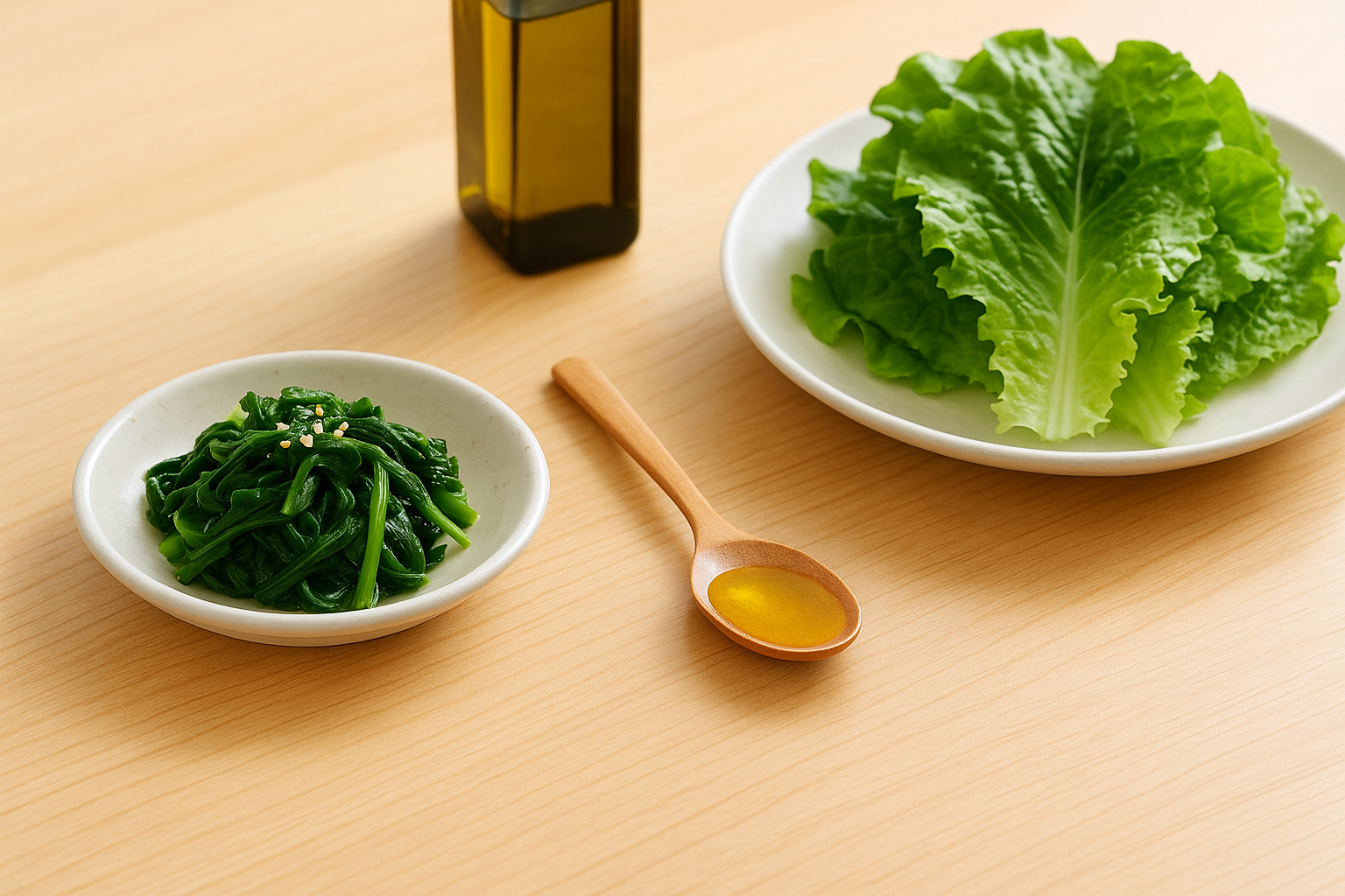 시금치나물과 쌈채소 옆에 기름 한 작은술을 놓은 식탁, 비타민 K 흡수를 돕는 식사 팁 실사