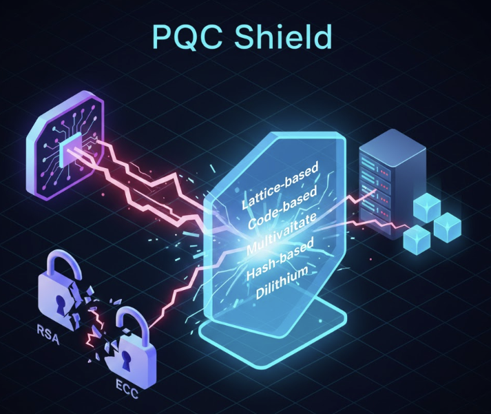 양자 컴퓨터의 암호 해독 공격으로부터 데이터를 보호하기 위해 격자 기반 암호 등 양자 내성 암호(PQC) 기술을 방어막으로 사용하는 보안 개념도.