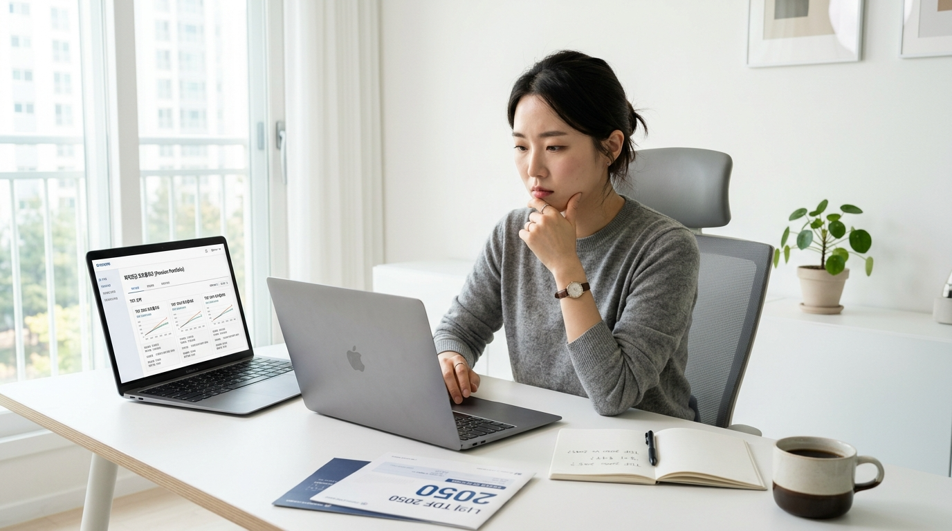 책상에서 노트북을 보며 고민하는 직장인