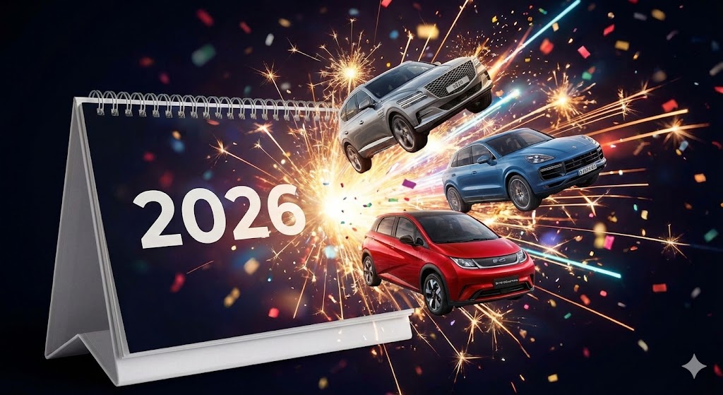 2026년 달력 위로 제네시스 GV90, 포르쉐 카이엔 전기차, BYD 돌핀 등 다양한 자동차들이 쏟아져 나오는 모습