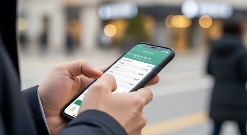 스마트폰으로 공공 앱에서 신고 입력하는 손 클로즈업