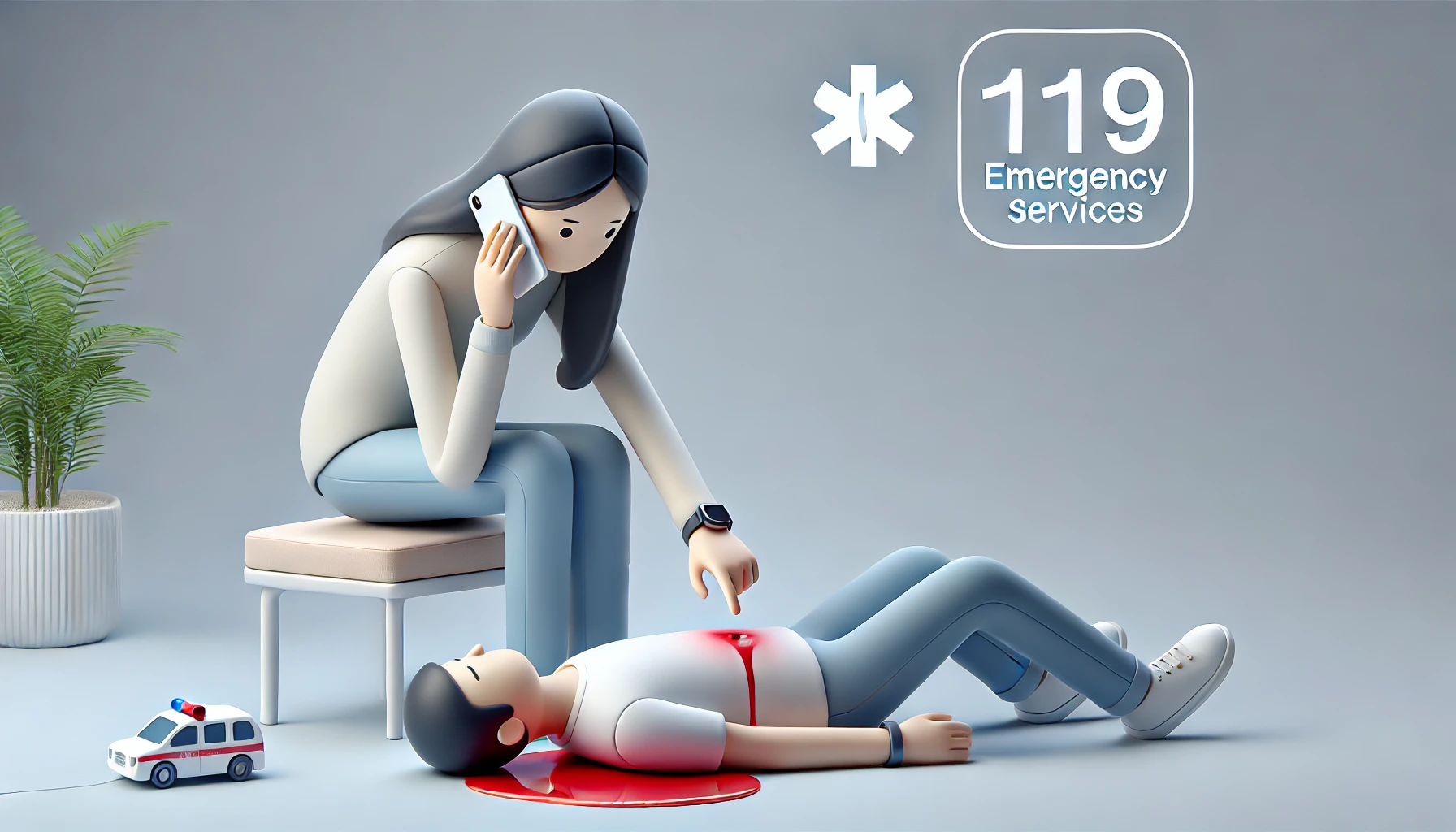 출혈 부상을 입은 사람을 발견하고 침착하게 119에 신고하는 모습을 3D 스타일로 표현한 일러스트