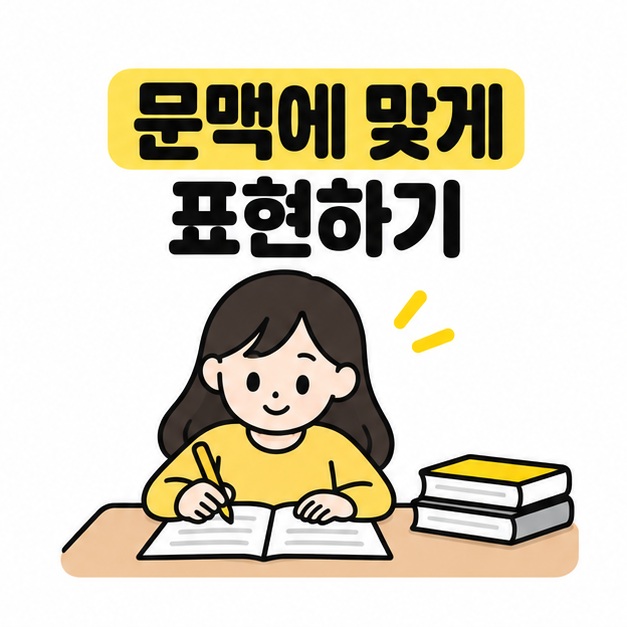 문맥에 맞게 표현하자는 문구와 예문을 확인하는 학습자 일러스트