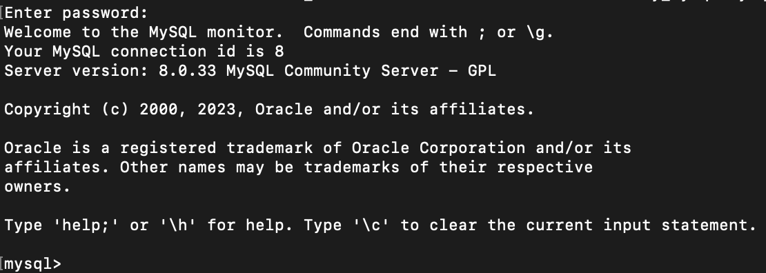 docker exec -it my_mysql mysql -u root -p 명령어 실행 결과 화면