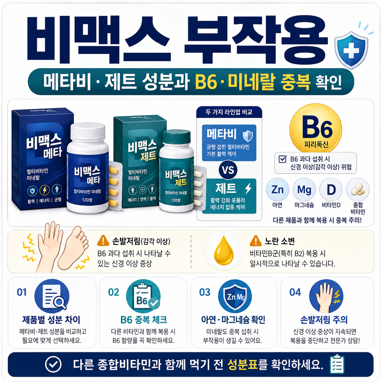 비맥스 메타&middot;메타비&middot;제트 제품 차이, 공복 메스꺼움, 노란 소변, 비타민B6와 아연&middot;마그네슘 중복을 확인하는 카드형 이미지