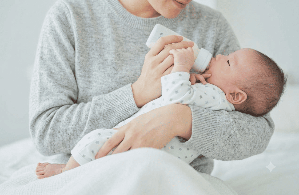 햇살이 밝게 비추는 아기방에서 엄마가 아이에게 우유를 주고 있는 모습