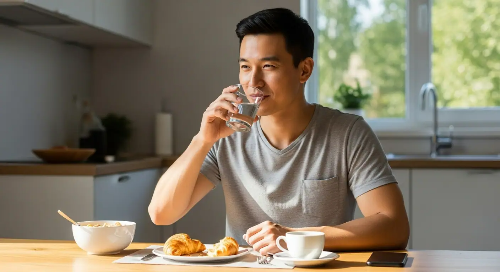 식탁에 앉아 밥을 먹으면서 물을 마시고 있는 남성 모습