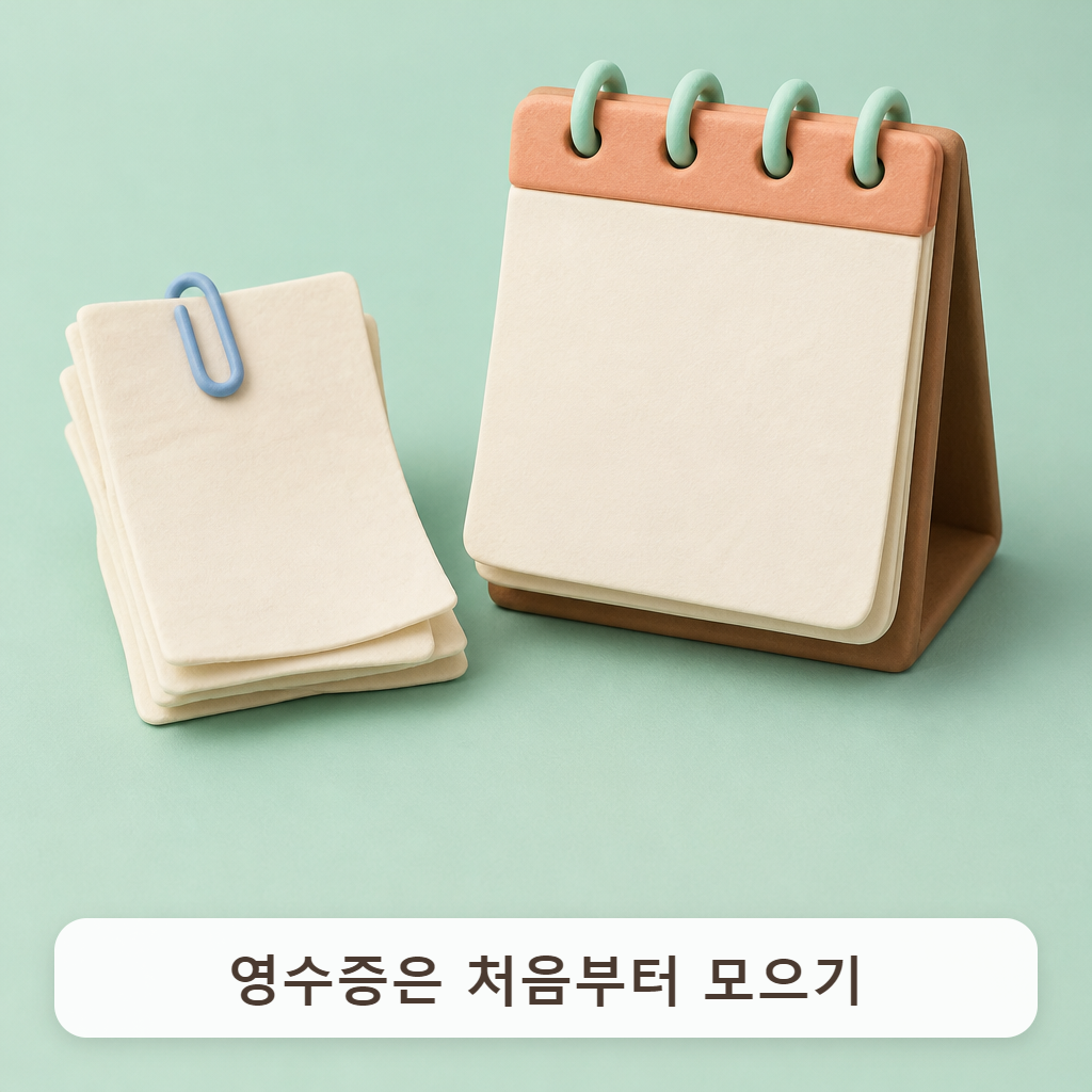 클립으로 묶은 영수증 묶음과 작은 달력
