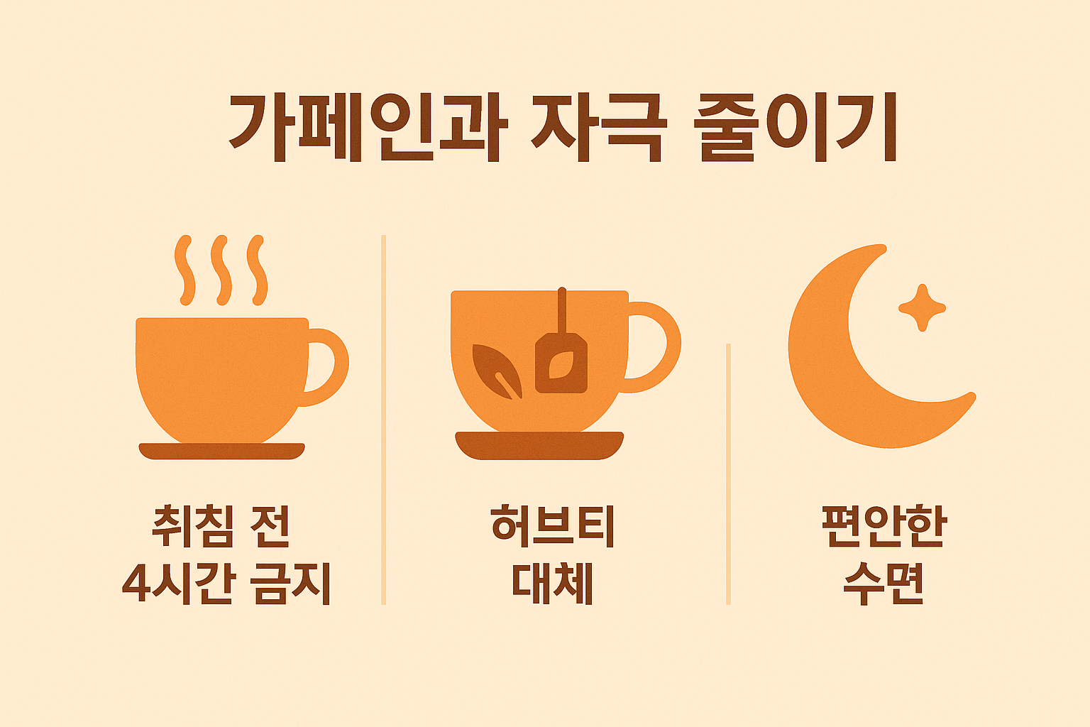 이석증 증상 완화를 위해 취침 전 4시간 카페인 섭취를 피하고 허브티로 대체해 편안한 수면 환경을 만드는 방법을 안내하는 이미지