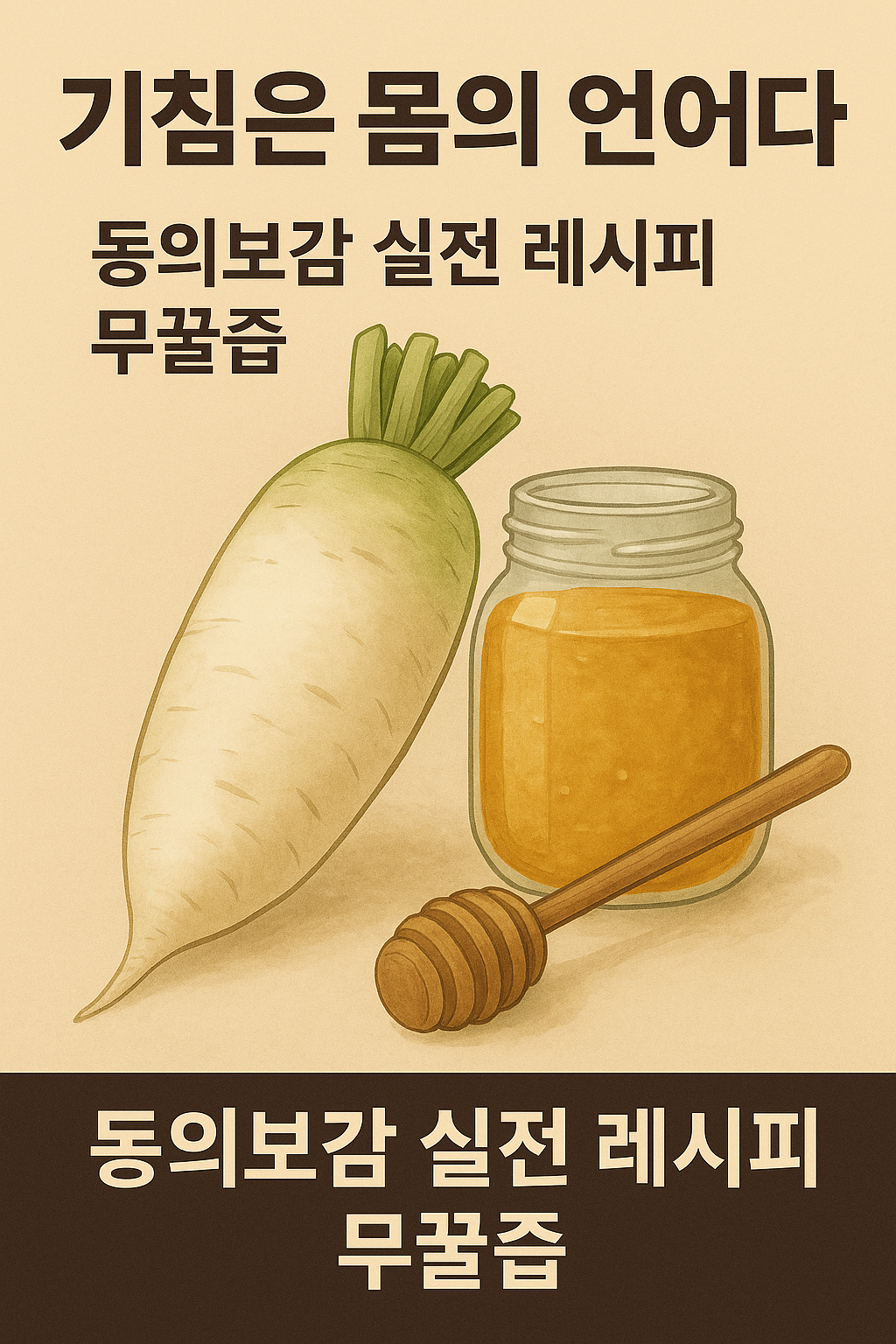 기침은 몸의 언어다 시리즈 3편 대표 이미지, 무와 생꿀을 활용한 동의보감 기반 무꿀즙 자연요법 일러스트