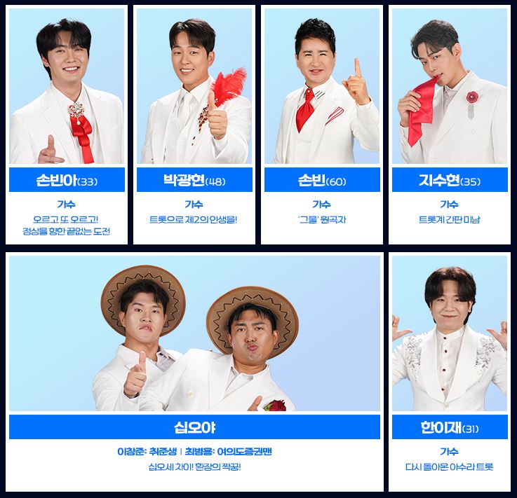 미스터트롯3 참가자 손빈아, 박광현, 손빈, 지수현, 십오야, 한이재의 사진과 직업 및 특징이 적혀있다.