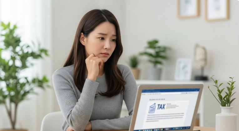 집에서 노트북으로 연말정산 누락된 세금을 확인하며 경정청구를 준비하는 한국인 여성