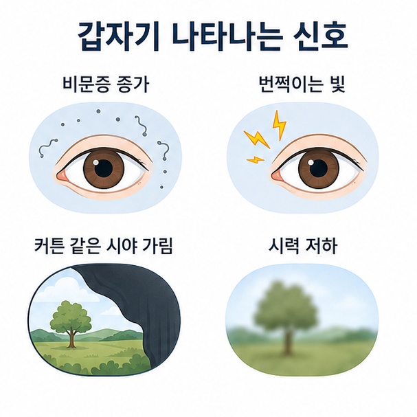 갑작스러운 비문증 증가, 번쩍이는 빛, 커튼처럼 시야가 가려지는 증상, 시력 저하 등 망막박리 경고 신호를 정리한 그림