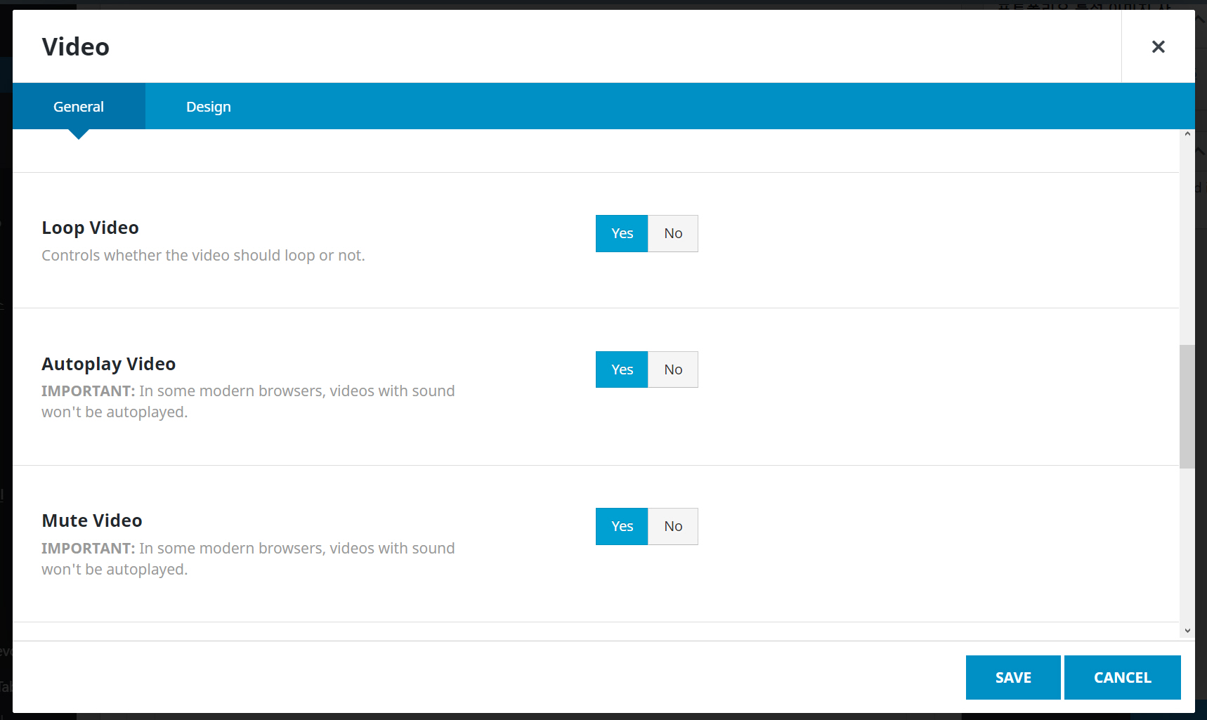 아바다 테마 Video 요소 설정 화면