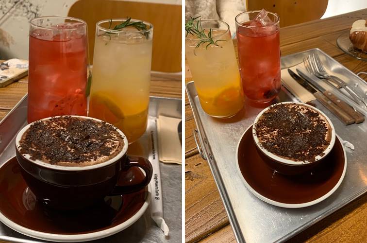 히비스커스, 감귤에이드, 초코라테 음료와 트레이