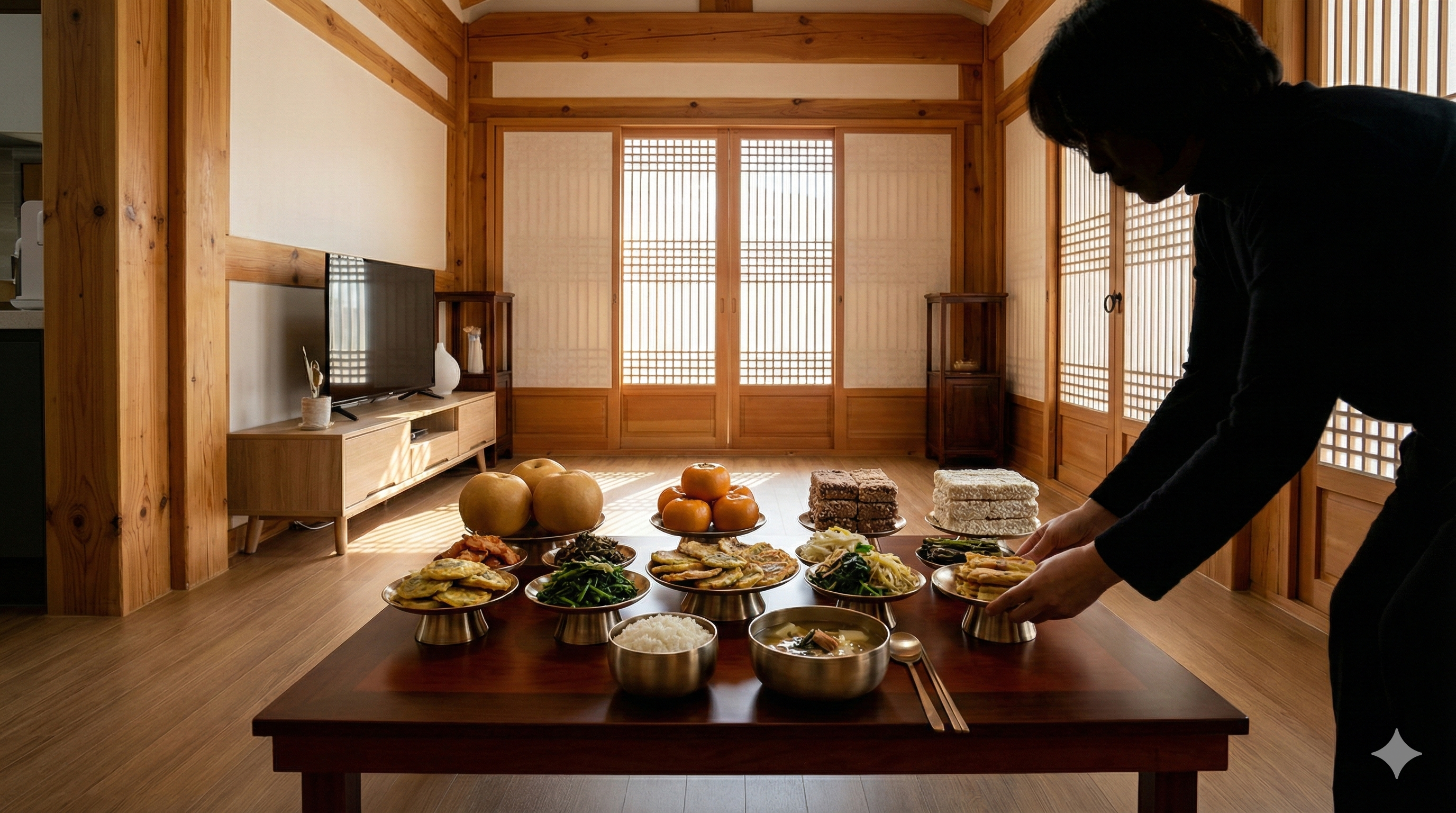 한옥 분위기의 거실에서 정갈하게 차려진 한국 전통 제사상 상차림