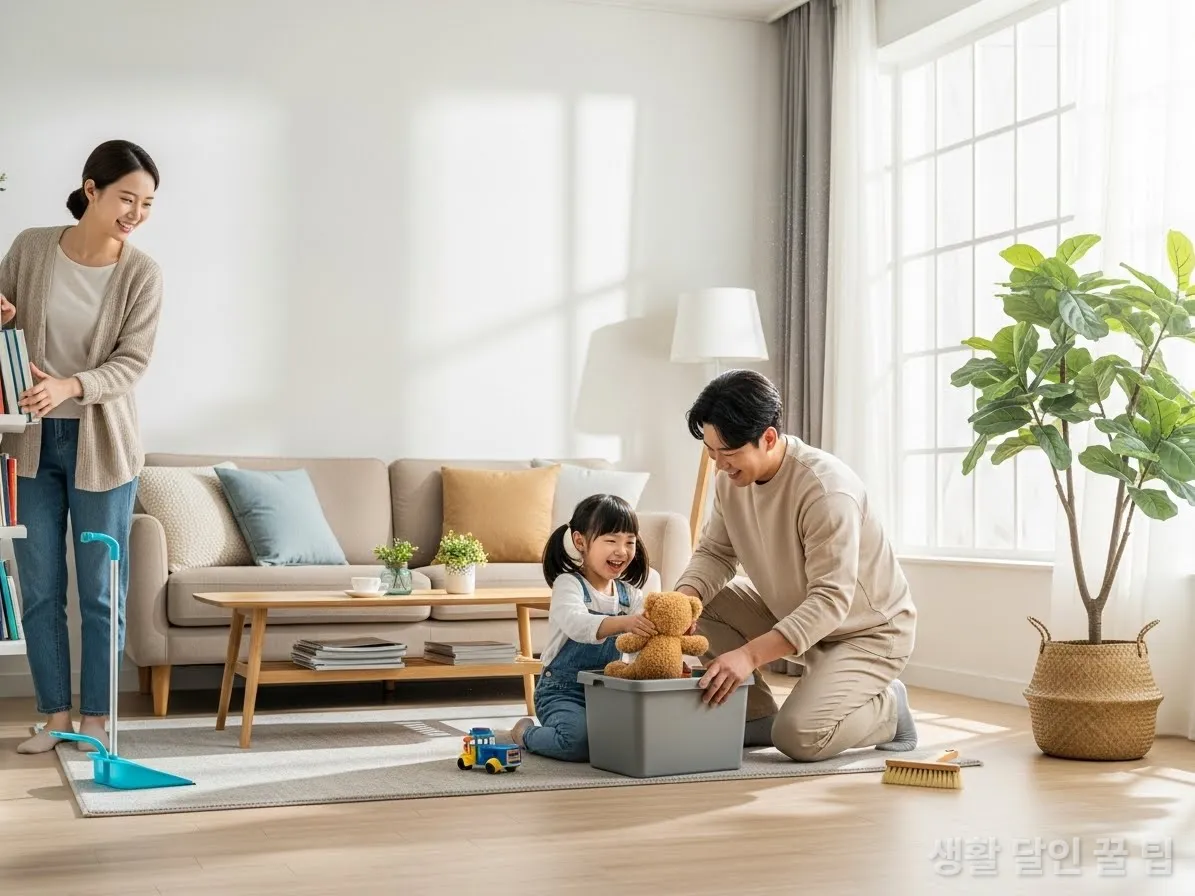 한국인 가족이 함께 거실을 정리하며 행복해하는 모습