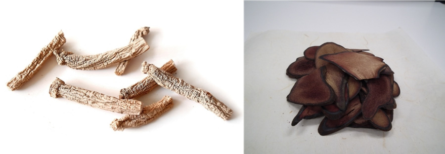 왼쪽은 인삼을 잘 세척한 후에 바싹 말린 것을 하얀 바닥 위에 7뿌리 놓아두고 찍은 사진이고&#44; 오른쪽은 사슴의 뿔인 녹용을 얇게 썰어서 하얀 바닥 위에 쌓아두고 찍은 사진