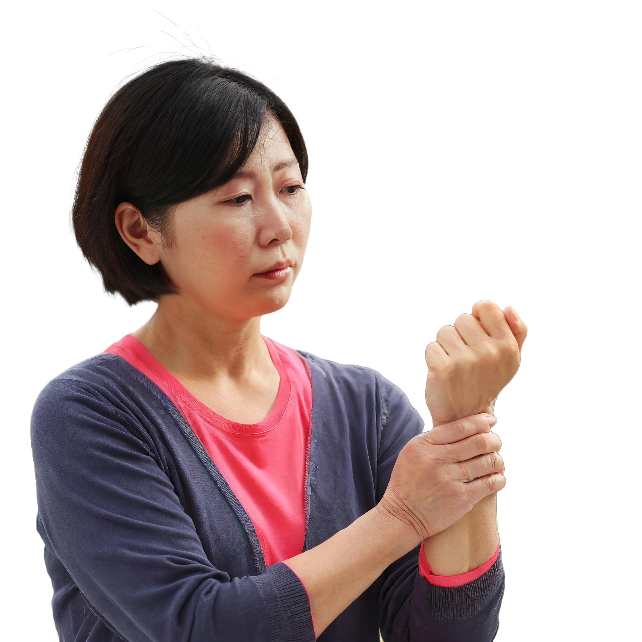 안좋은 표정으로 손목을 잡고 있는 여성의 모습