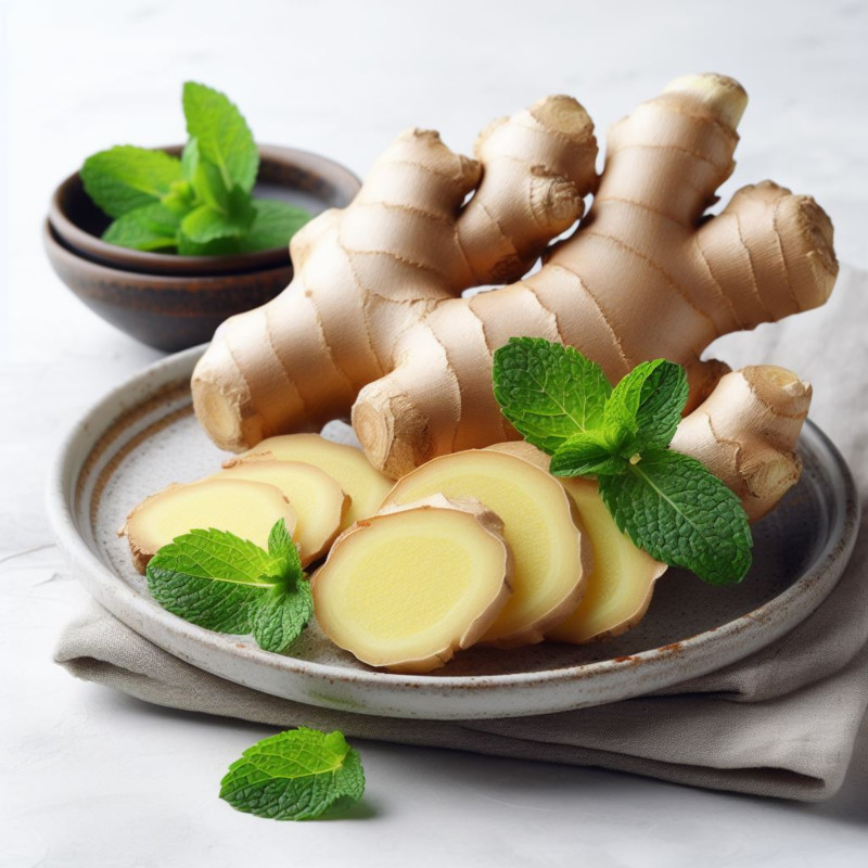 Ginger root is sliced and a small portion is ready to eat on a plate.