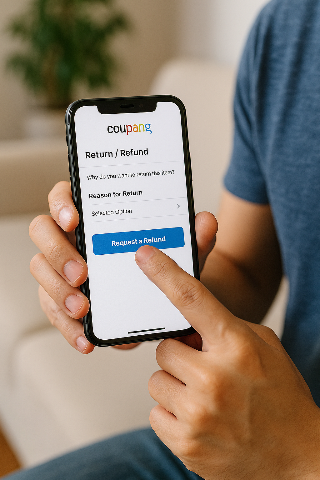 쿠팡 앱에서 환불을 신청하는 사람의 실제 스마트폰 화면과 손 동작을 사실적으로 보여주는 장면