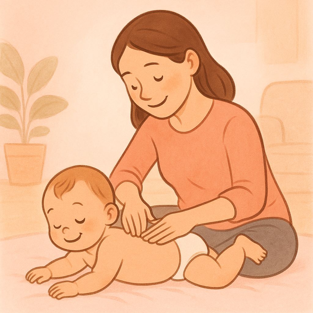 아기와 엄마가 등 마사지를 하며 교감하는 따뜻한 일러스트 이미지