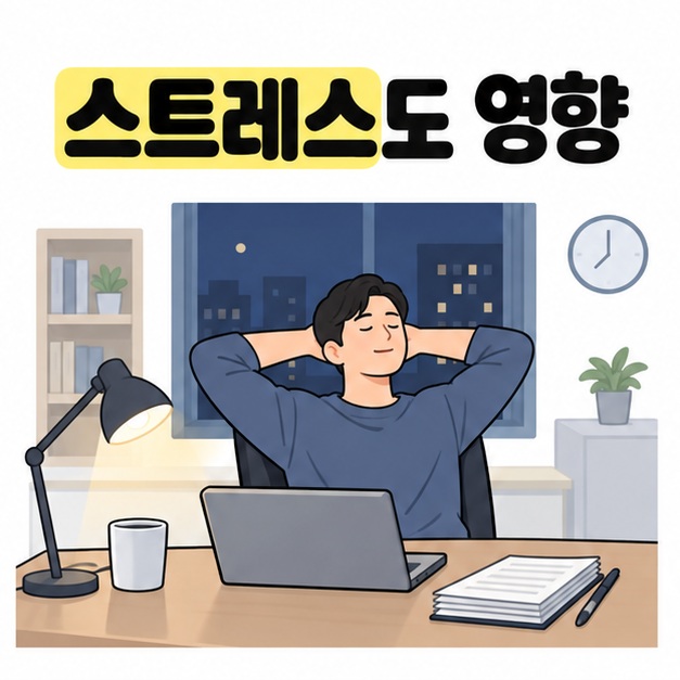 늦은 저녁 업무 책상 앞에서 성인 남성이 잠시 쉬며 스트레스의 영향을 설명하는 그림
