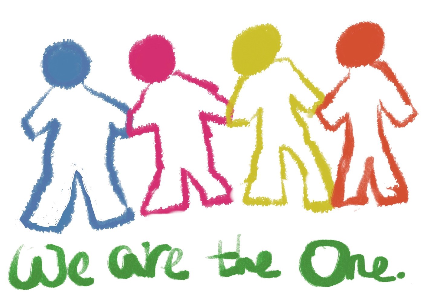 4명의 다른 색깔의 사람들이 손잡고 있는 그림. 글씨는 We are the One.
