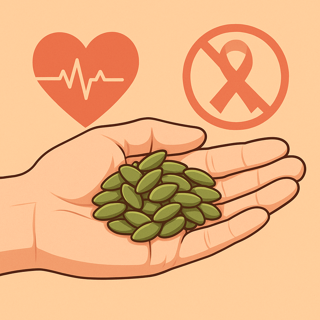 “호박씨를 한 줌 들고 있는 손과 건강을 상징하는 심장·암 예방 아이콘 일러스트”