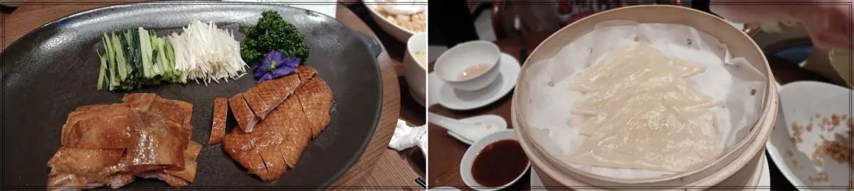 빌라쥬드-아난티-루-북경오리-오리와-함께-먹는-야채를-얇게-썰여-있음-파와-오이-옆에-밀전병이-담긴-대나무-찜통이-있음