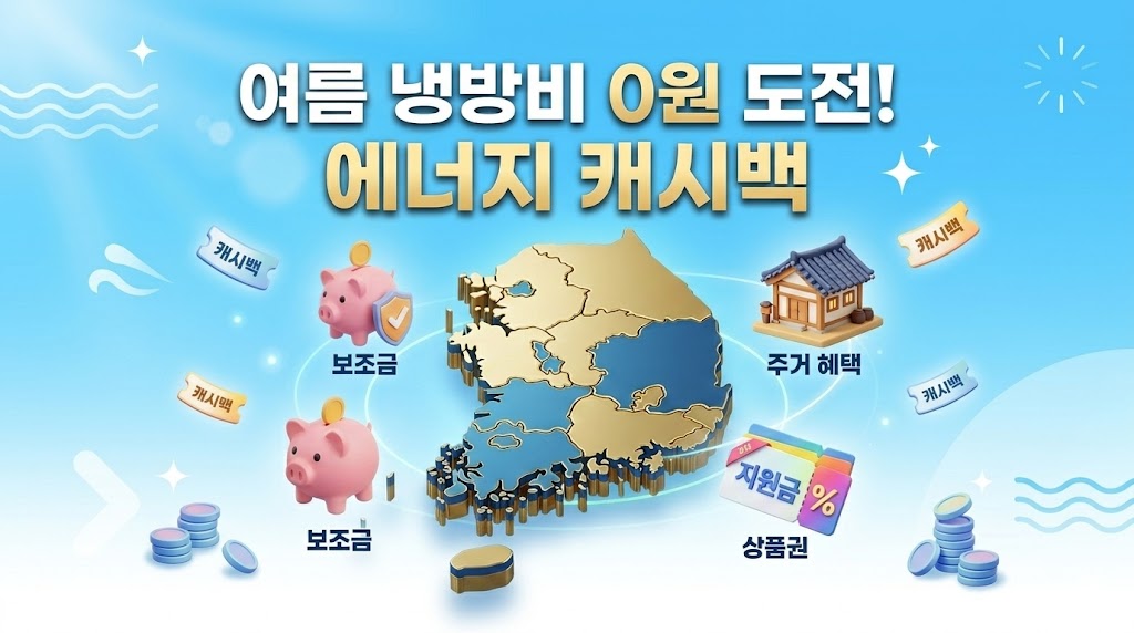 시원한 에어컨 바람과 함께 전기요금이 줄어들고 돈이 쌓이는 그래픽, 2026년 여름 에너지 캐시백 신청 가이드가 적힌 재테크 블로그 썸네일