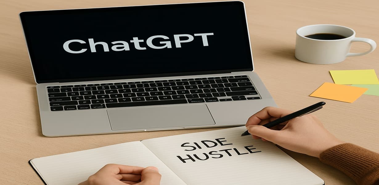 “ChatGPT가 열린 노트북과 ‘SIDE HUSTLE’이라 적힌 노트에 글을 쓰고 있는 장면 – 책상 위엔 커피잔과 포스트잇이 있음”