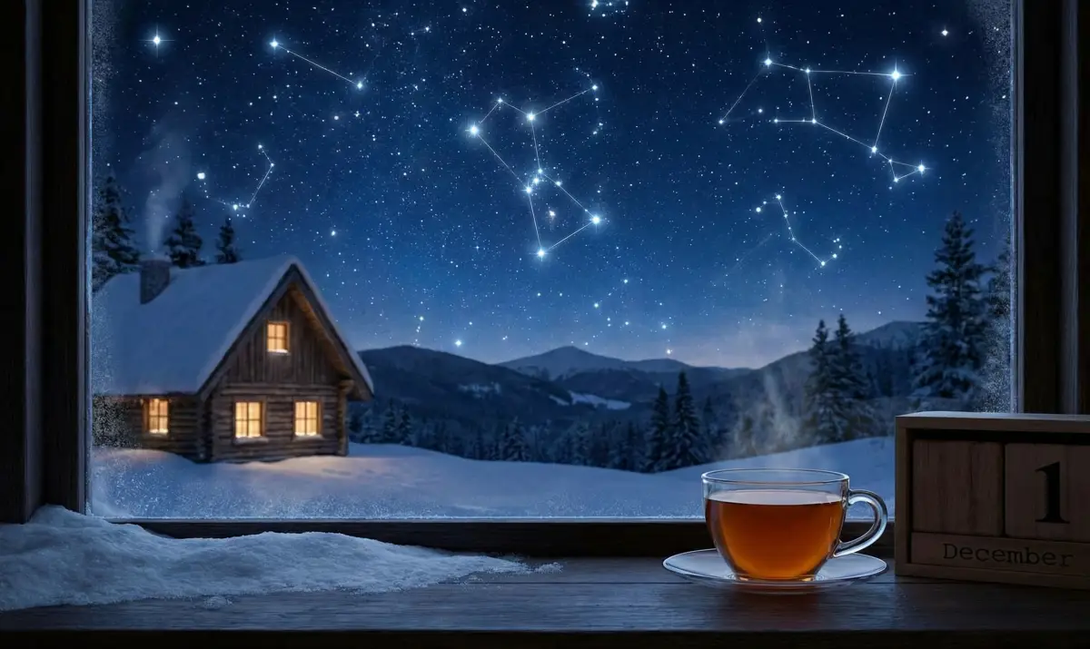 눈 덮인 산장 창문 너머로 보이는 12월 1일의 맑고 아름다운 겨울 밤하늘 별자리