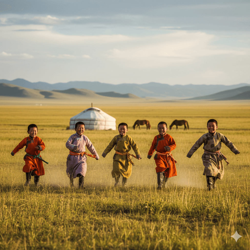 푸른 몽골 초원에서 마음껏 뛰어노는 해맑은 몽골 어린이들. 몽골여행의 순수하고 생동감 넘치는 모습이다.