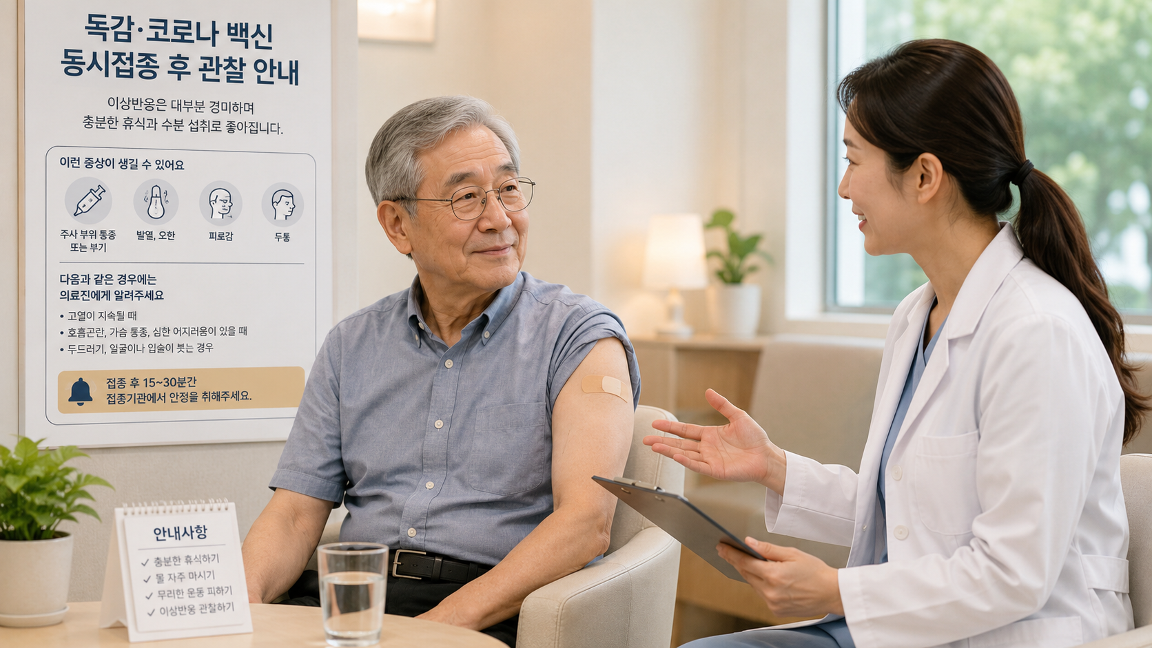 65세 이상은 독감과 코로나19 백신을 함께 접종 할 수 있으며, 접종 후에는 몸 상태를 충분히 살펴보는 것이 좋습니다