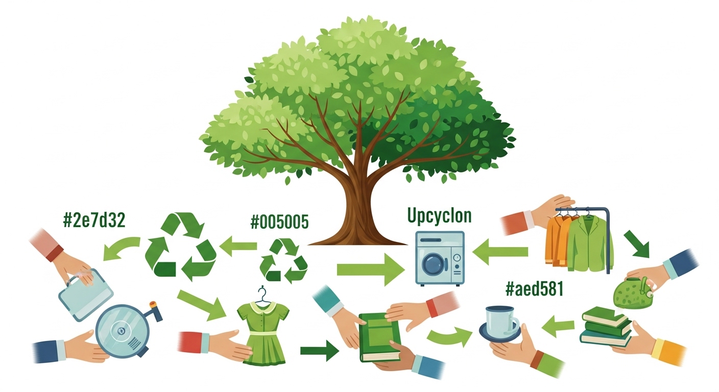 지속 가능한 중고거래의 가치를 보여주는 이미지. 사람들이 중고 물품을 교환하고 재활용하며 환경 보호에 기여하는 순환 경제 개념을 나무와 함께 시각적으로 표현함.