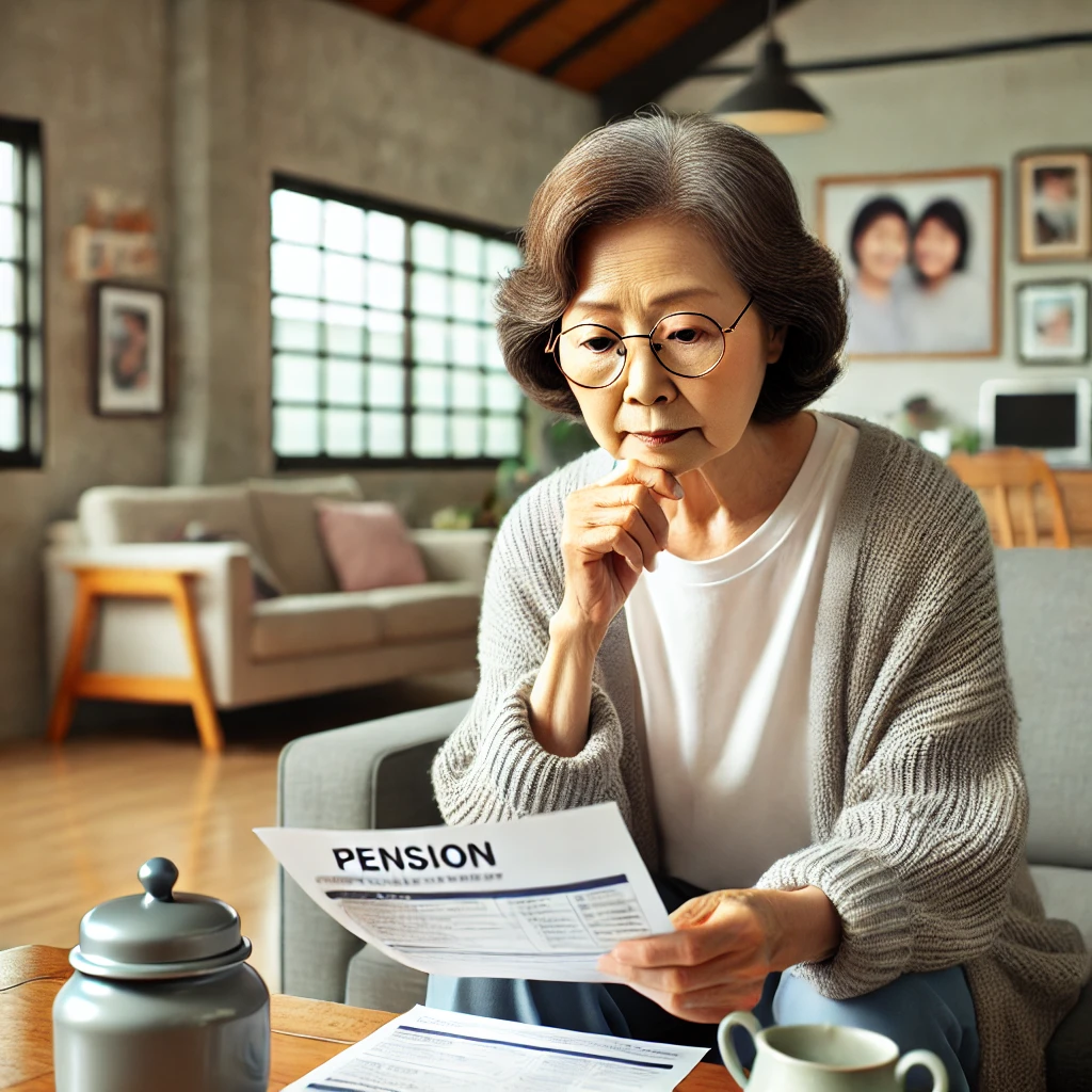 거실에서 연금 서류를 보고 있는 한국 노인